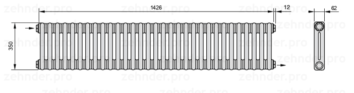Схема (чертеж) Радиатор Zehnder Charleston 2035/31 №1670 Белый глянцевый RAL 9016